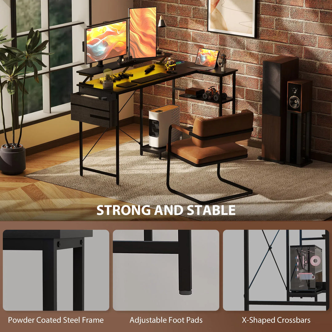 HOMCOM 58" Reversible L Shaped Computer Desk, Corner Desk with Monitor Stand, Power Outlets and LED Lights, Black