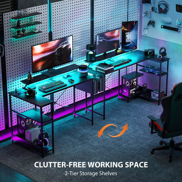 HOMCOM 58" Reversible L Shaped Computer Desk, Corner Desk with Monitor Stand, Power Outlets and LED Lights, Black