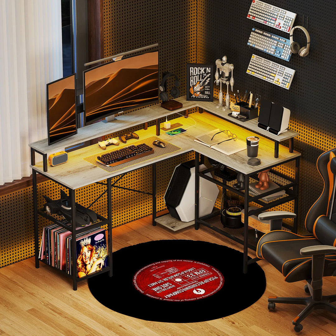 HOMCOM 59" L Shaped Desk with Storage, Corner Desk with LED Lights and Power Outlets for Home Office, Small Space, Gray