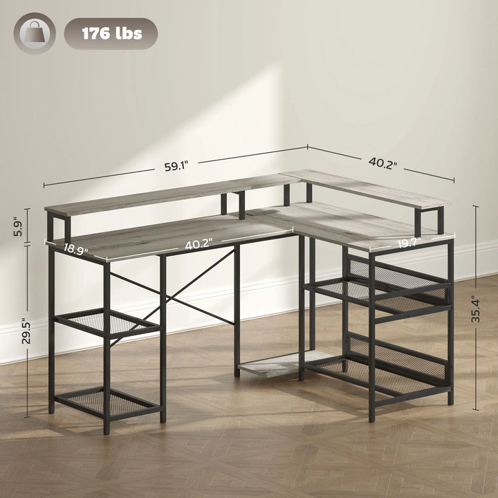 HOMCOM 59" L Shaped Desk with Storage, Corner Desk with LED Lights and Power Outlets for Home Office, Small Space, Gray