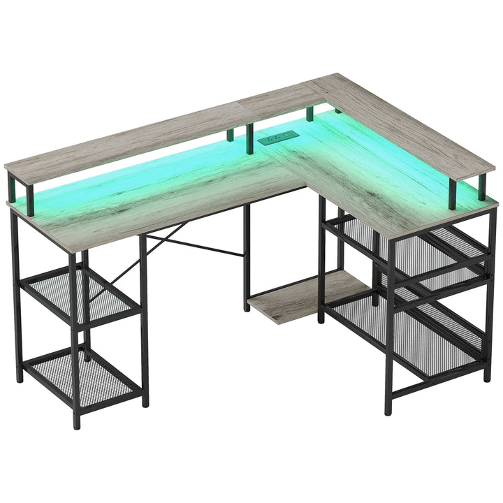 HOMCOM 59" L Shaped Desk with Storage, Corner Desk with LED Lights and Power Outlets for Home Office, Small Space, Gray