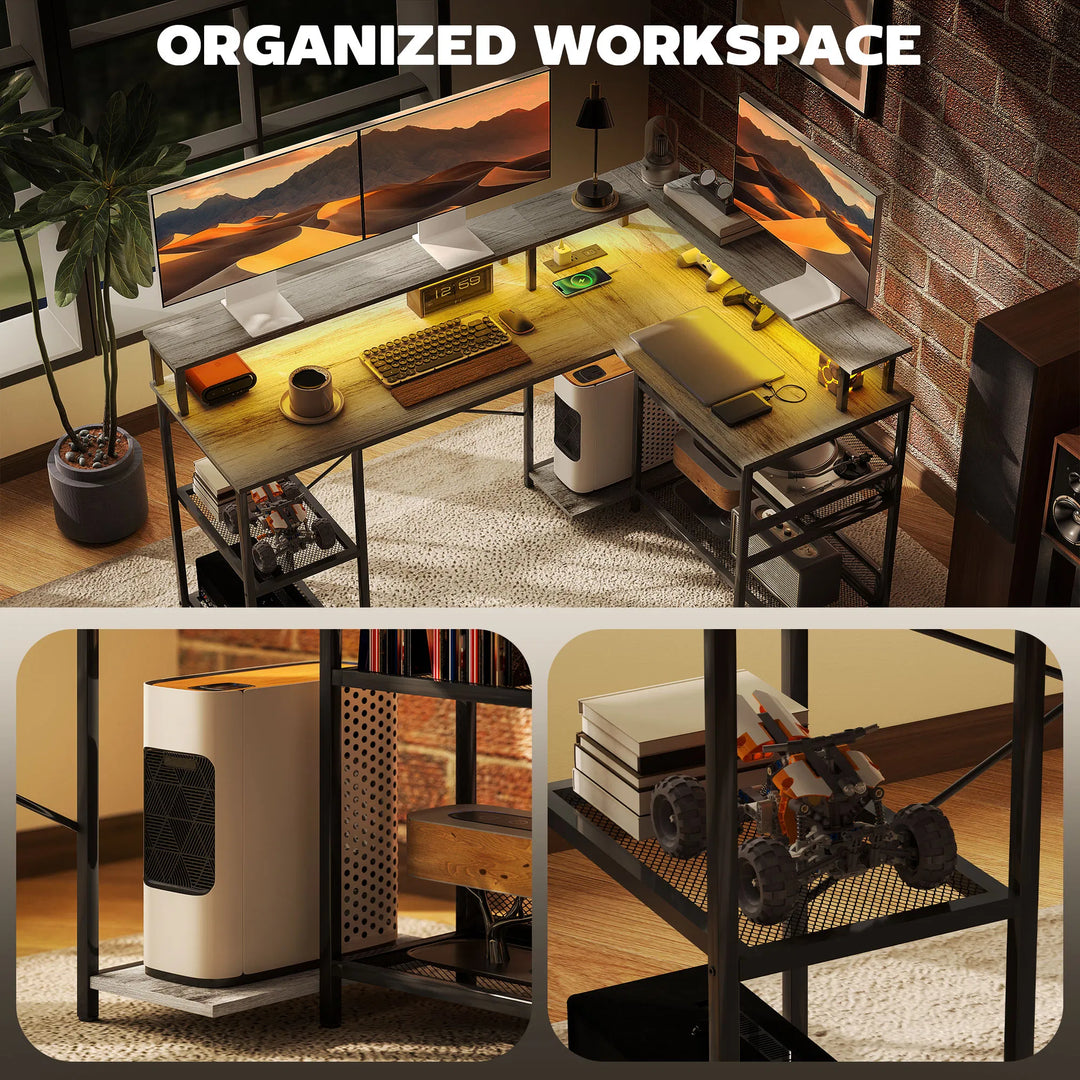 HOMCOM 59" L Shaped Desk with Storage, Corner Desk with LED Lights and Power Outlets for Home Office, Small Space, Gray