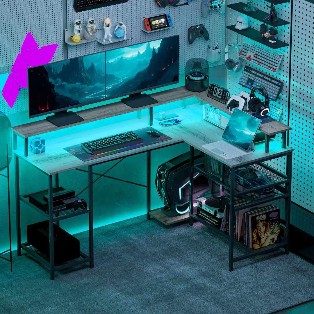 HOMCOM 59" L Shaped Desk with Storage, Corner Desk with LED Lights and Power Outlets for Home Office, Small Space, Gray