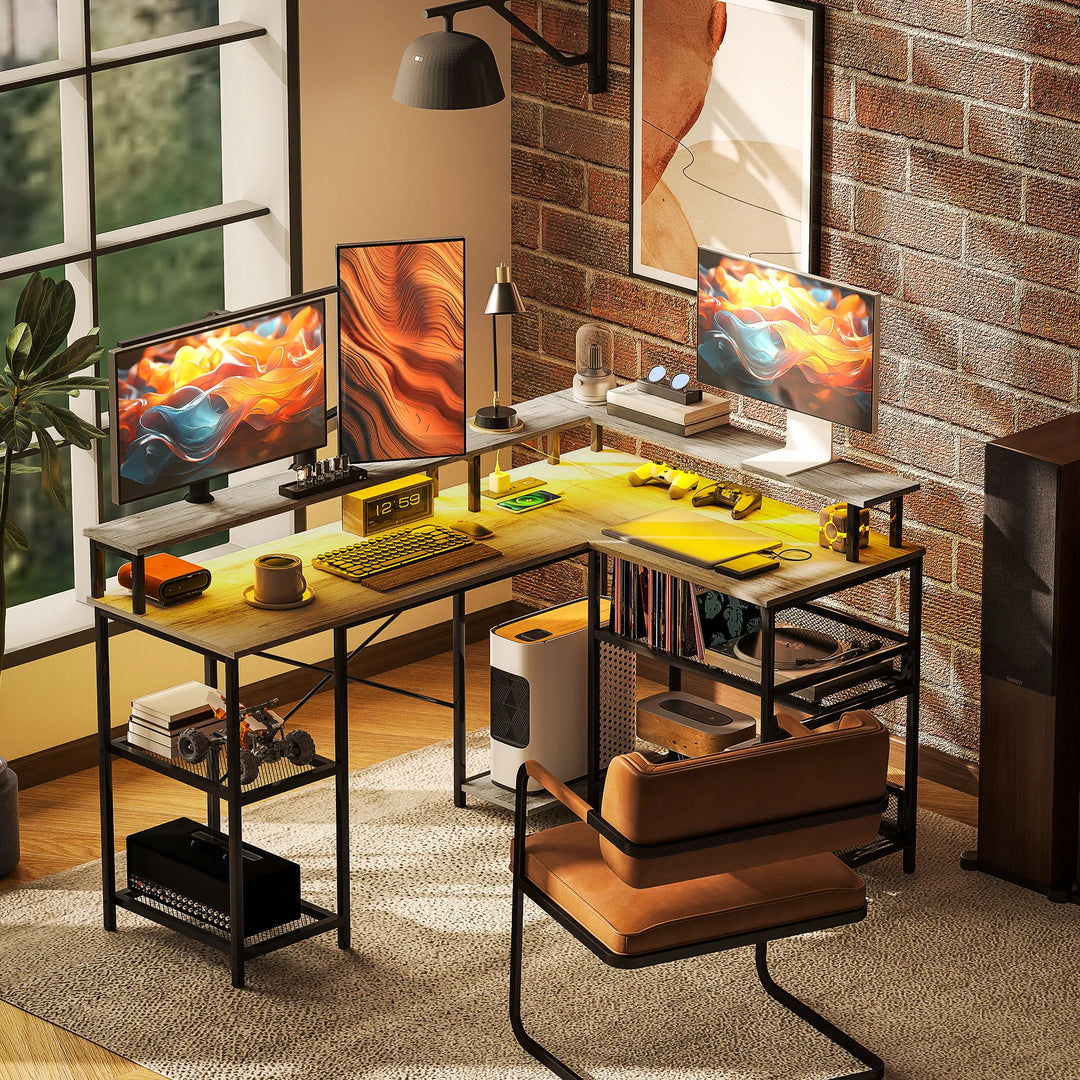 HOMCOM 59" L Shaped Desk with Storage, Corner Desk with LED Lights and Power Outlets for Home Office, Small Space, Gray