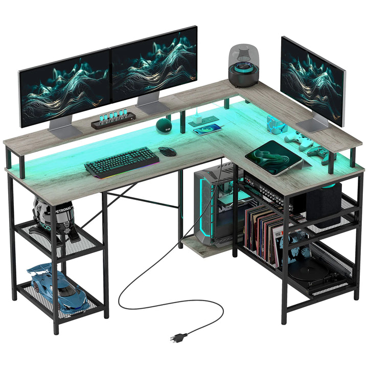 HOMCOM 59" L Shaped Desk with Storage, Corner Desk with LED Lights and Power Outlets for Home Office, Small Space, Gray