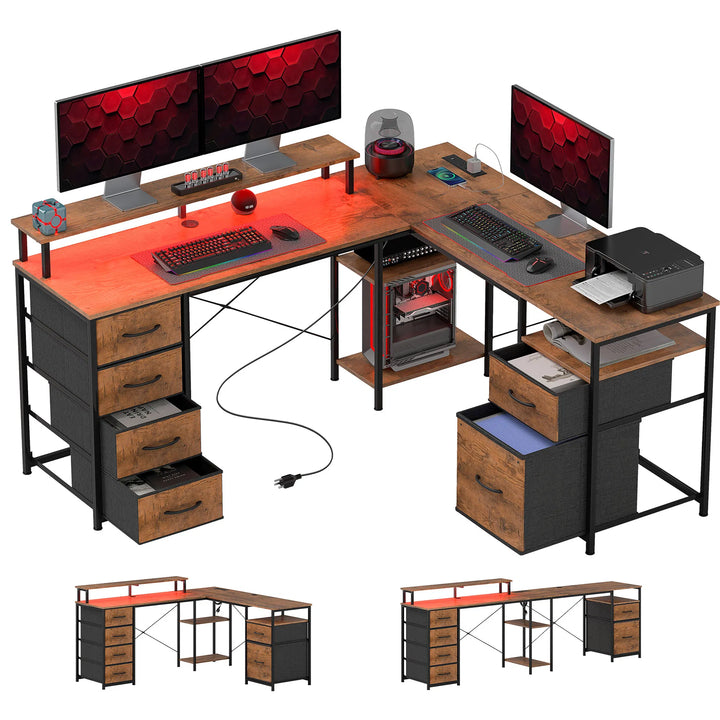 HOMCOM 66" Reversible L Shaped Computer Desk, Corner Desk with File Drawer, Power Outlets and LED Lights, Rustic Brown