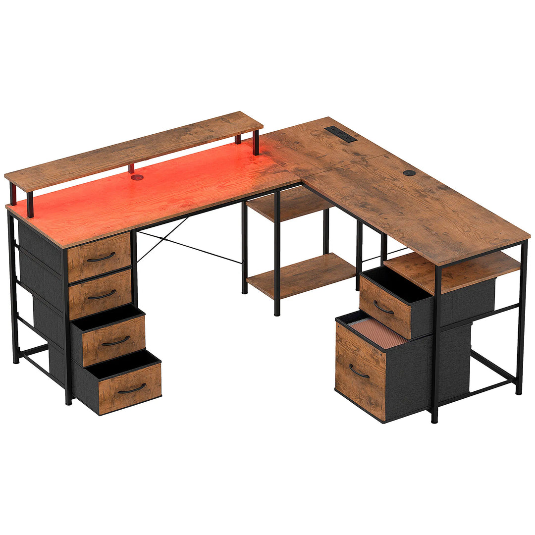 HOMCOM 66" Reversible L Shaped Computer Desk, Corner Desk with File Drawer, Power Outlets and LED Lights, Rustic Brown
