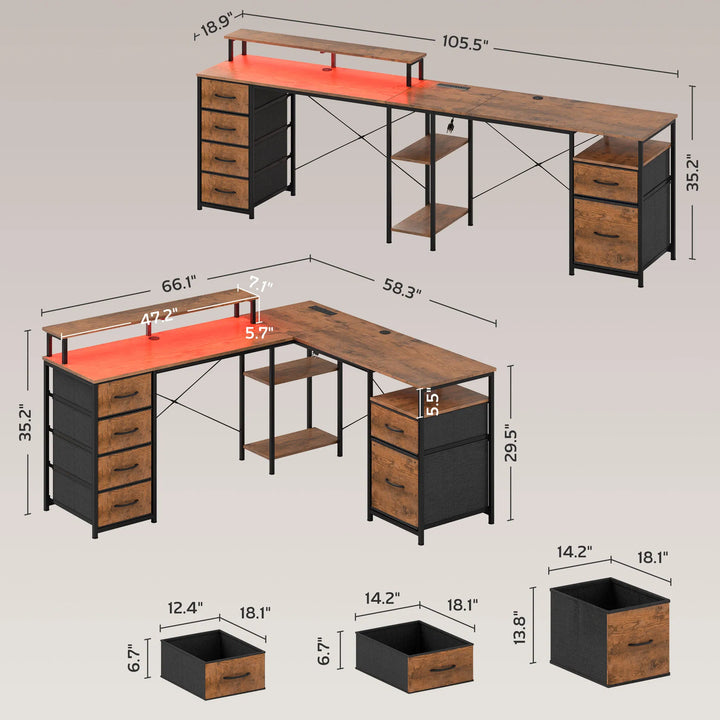 HOMCOM 66" Reversible L Shaped Computer Desk, Corner Desk with File Drawer, Power Outlets and LED Lights, Rustic Brown