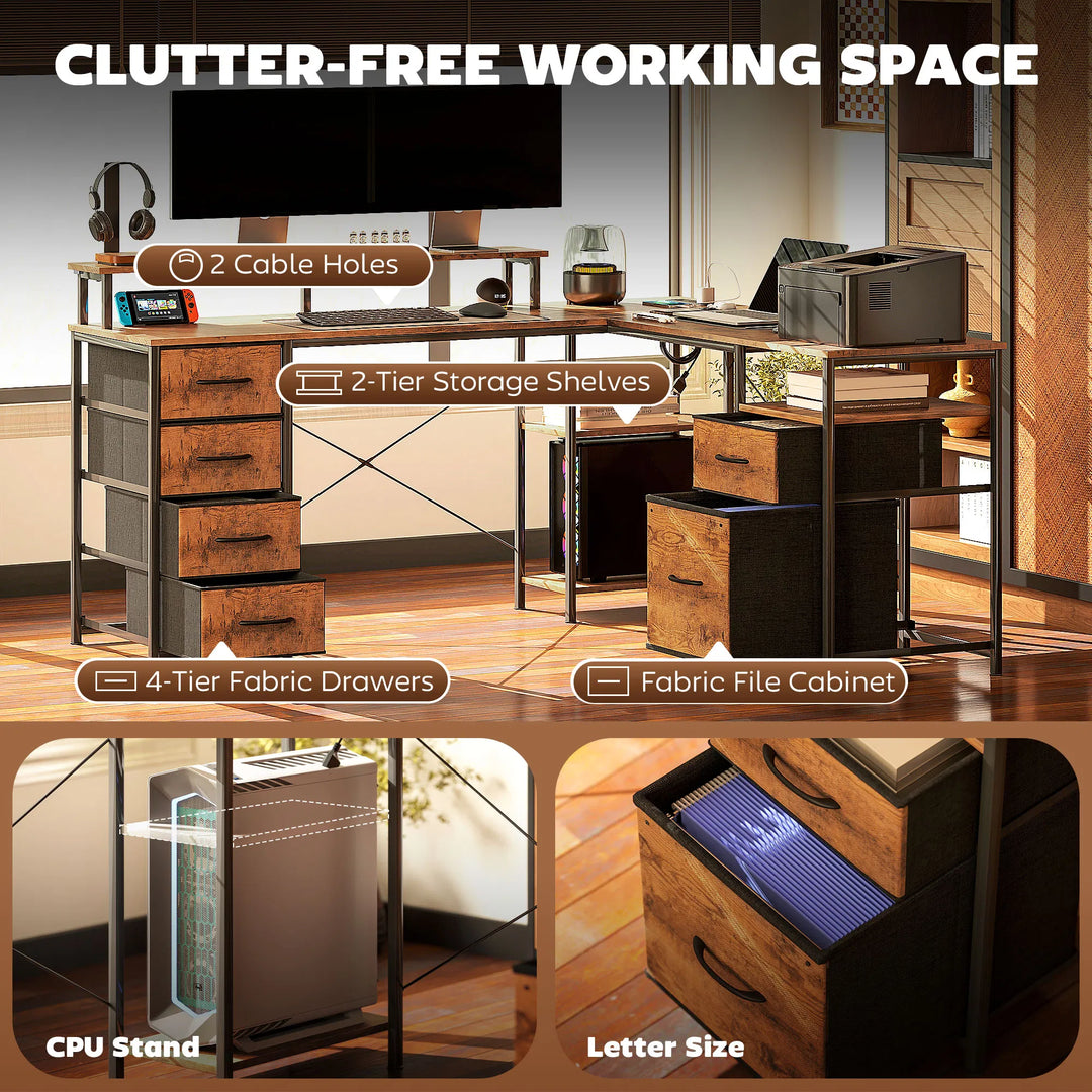 HOMCOM 66" Reversible L Shaped Computer Desk, Corner Desk with File Drawer, Power Outlets and LED Lights, Rustic Brown