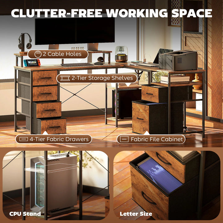 HOMCOM 66" Reversible L Shaped Computer Desk, Corner Desk with File Drawer, Power Outlets and LED Lights, Rustic Brown