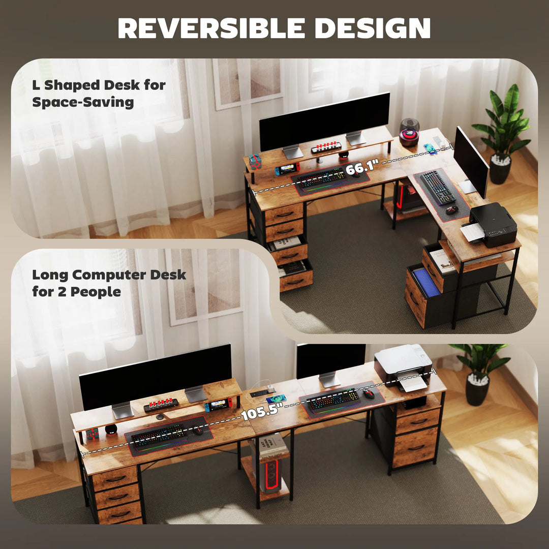 HOMCOM 66" Reversible L Shaped Computer Desk, Corner Desk with File Drawer, Power Outlets and LED Lights, Rustic Brown