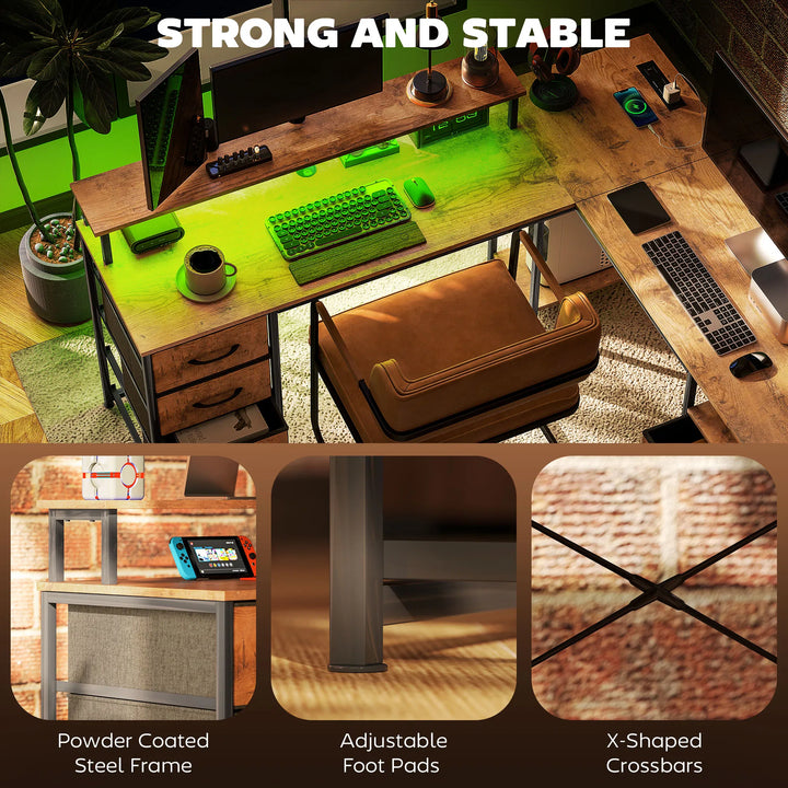 HOMCOM 66" Reversible L Shaped Computer Desk, Corner Desk with File Drawer, Power Outlets and LED Lights, Rustic Brown
