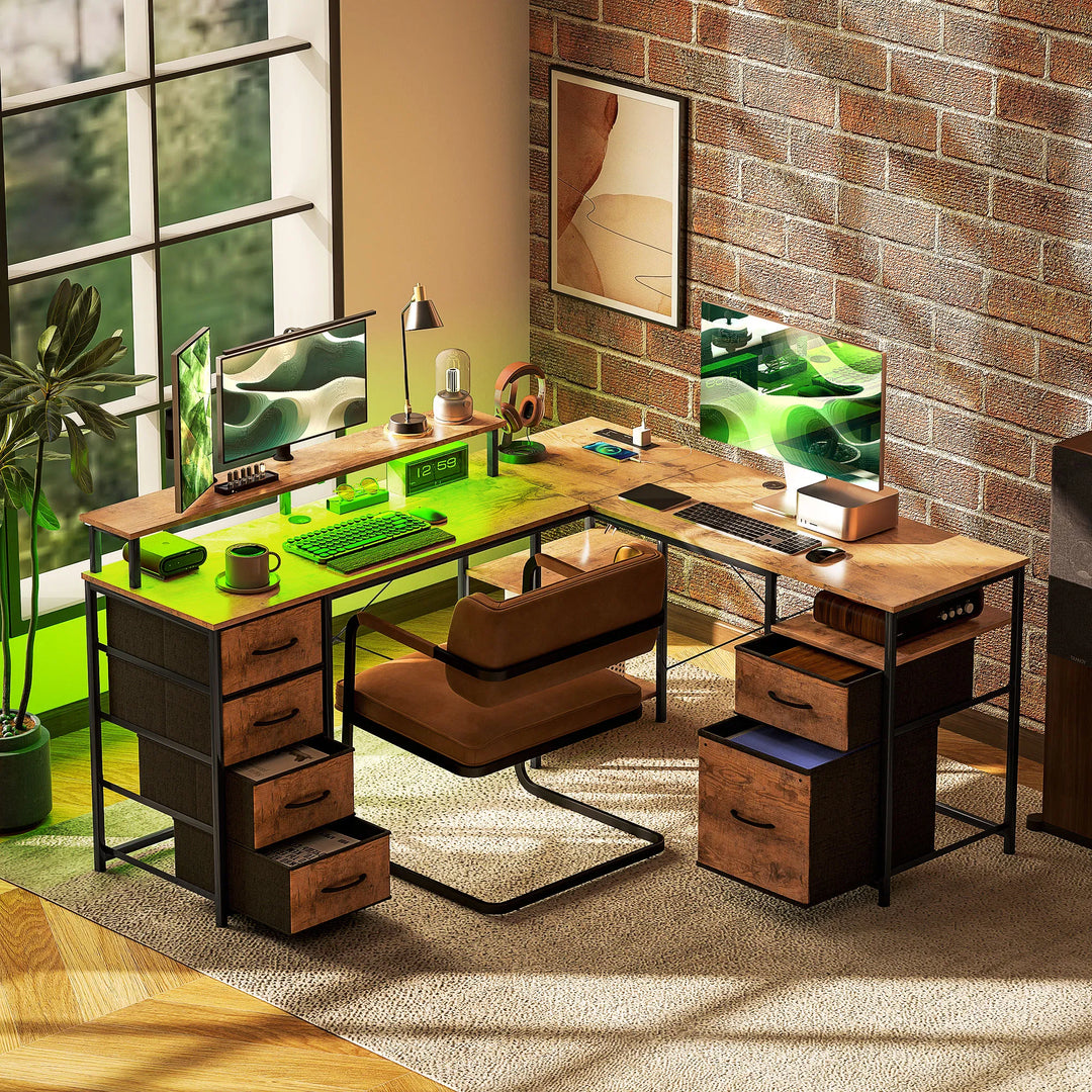 HOMCOM 66" Reversible L Shaped Computer Desk, Corner Desk with File Drawer, Power Outlets and LED Lights, Rustic Brown