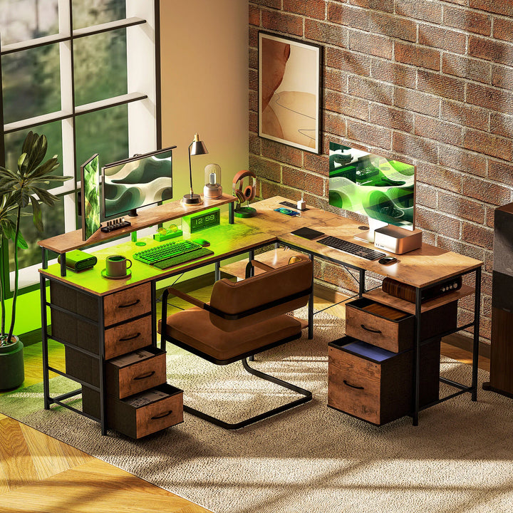 HOMCOM 66" Reversible L Shaped Computer Desk, Corner Desk with File Drawer, Power Outlets and LED Lights, Rustic Brown