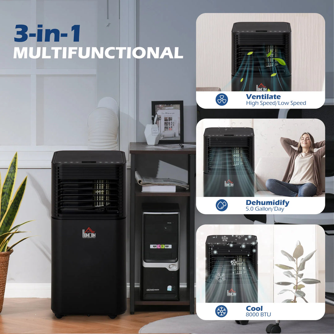 HOMCOM 8000BTU Compact Portable Air Conditioner, Efficient Cooling, Dehumidifier, Fan, with Remote, 24H Timer, Black