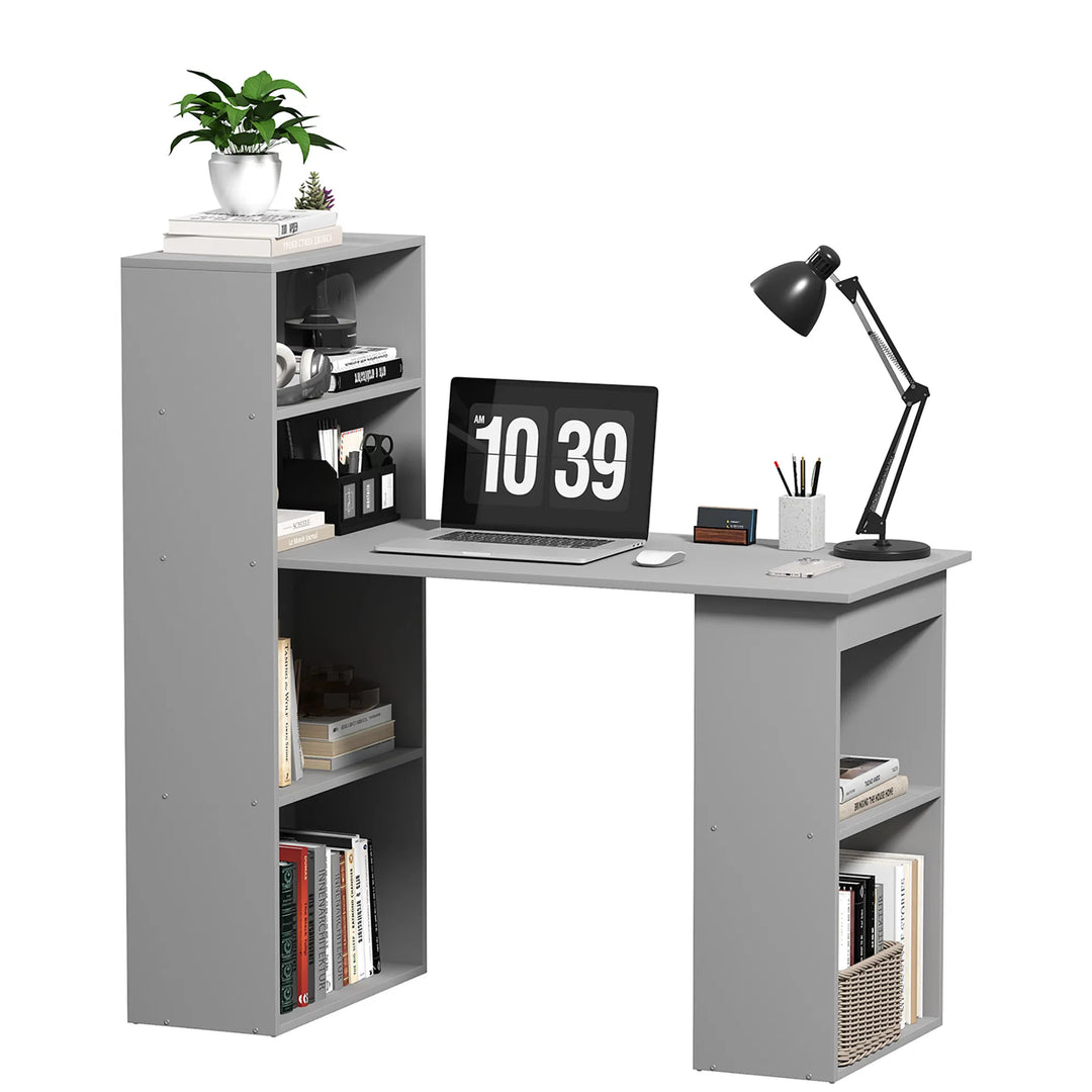 HOMCOM Compact Computer Desk with 6-Tier Storage Shelves, Writing Table Workstation with Bookshelf for Home Office, Gray