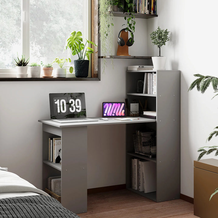 HOMCOM Compact Computer Desk with 6-Tier Storage Shelves, Writing Table Workstation with Bookshelf for Home Office, Gray
