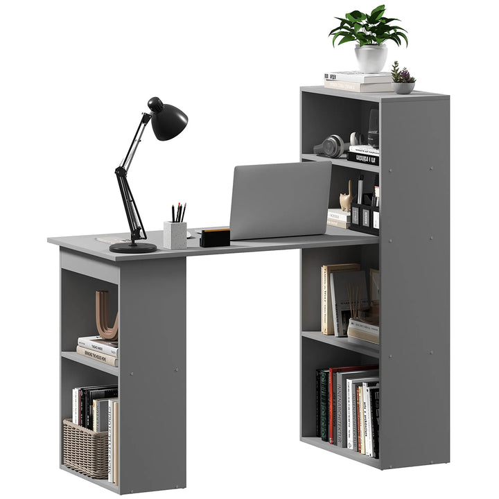 HOMCOM Compact Computer Desk with 6-Tier Storage Shelves, Writing Table Workstation with Bookshelf for Home Office, Gray