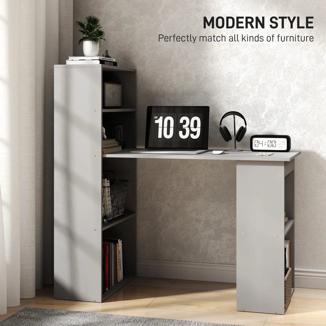 HOMCOM Compact Computer Desk with 6-Tier Storage Shelves, Writing Table Workstation with Bookshelf for Home Office, Gray