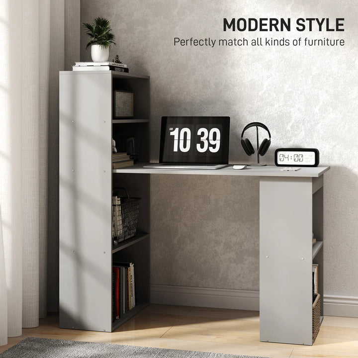HOMCOM Compact Computer Desk with 6-Tier Storage Shelves, Writing Table Workstation with Bookshelf for Home Office, Gray