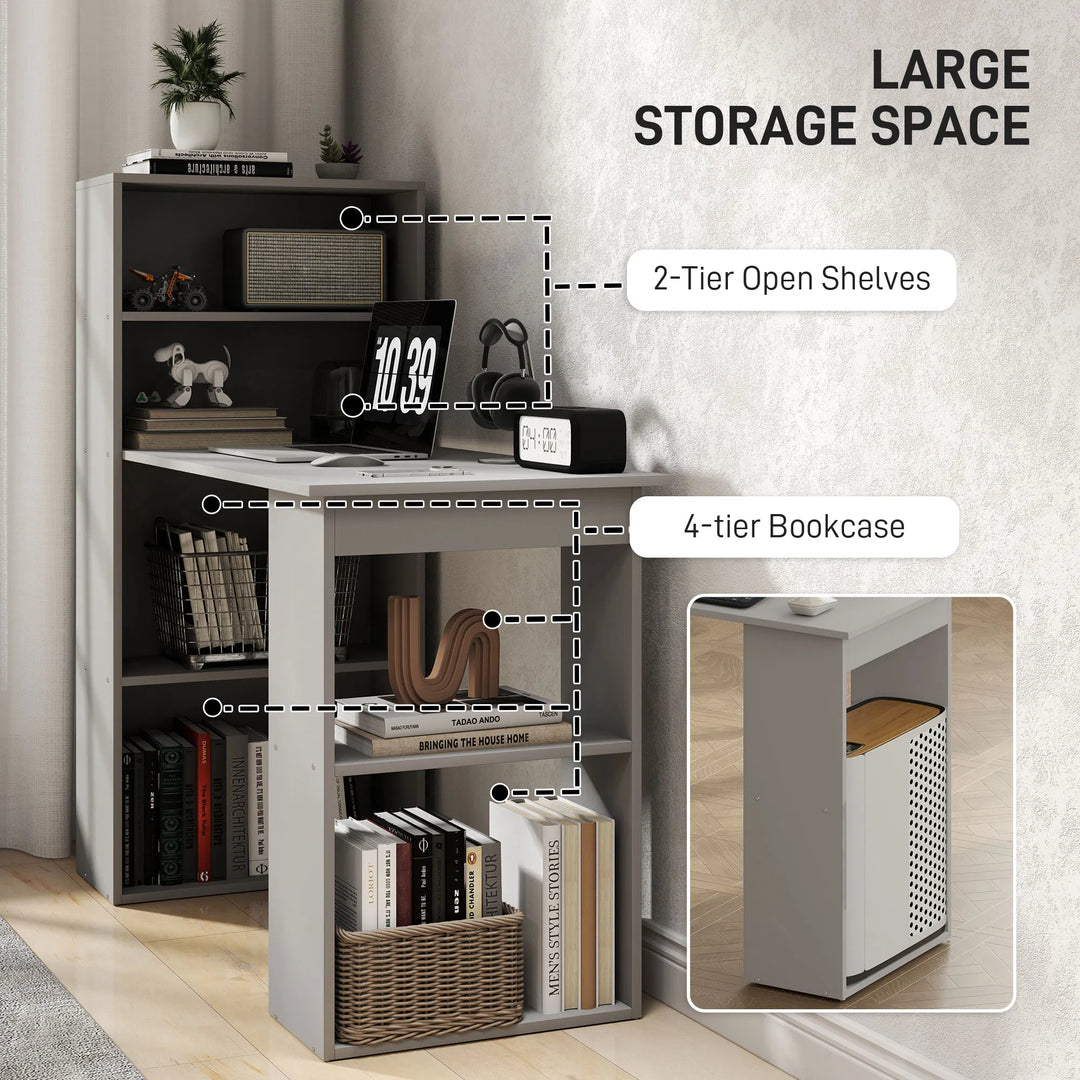 HOMCOM Compact Computer Desk with 6-Tier Storage Shelves, Writing Table Workstation with Bookshelf for Home Office, Gray
