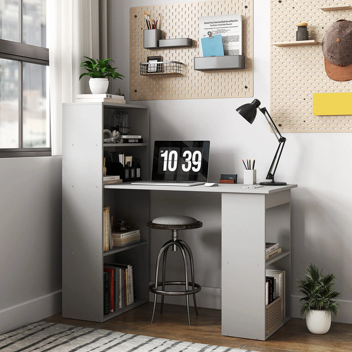 HOMCOM Compact Computer Desk with 6-Tier Storage Shelves, Writing Table Workstation with Bookshelf for Home Office, Gray