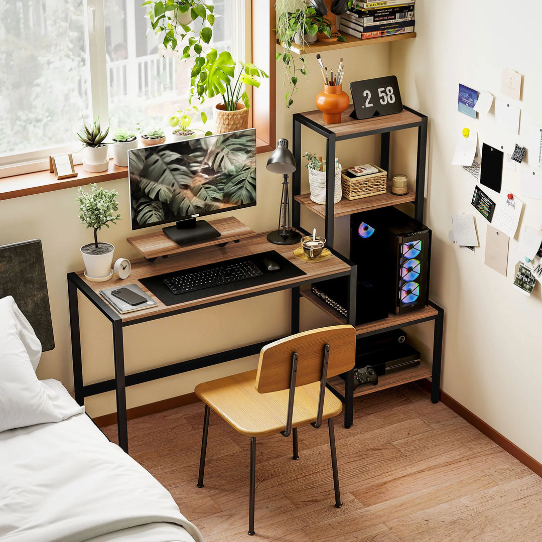 HOMCOM Computer Desk, 59" CPU Desk with Monitor Stand, Reversible 4-Tier Shelf, Industrial Writing Desk for Study Room, Brown