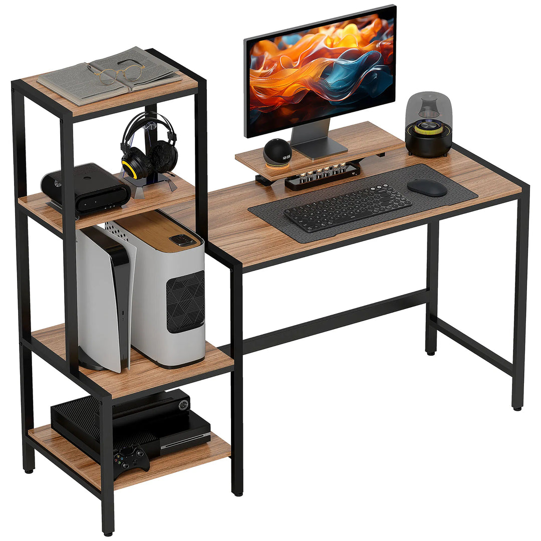 HOMCOM Computer Desk, 59" CPU Desk with Monitor Stand, Reversible 4-Tier Shelf, Industrial Writing Desk for Study Room, Brown