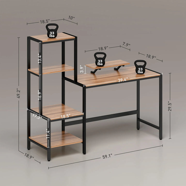HOMCOM Computer Desk, 59" CPU Desk with Monitor Stand, Reversible 4-Tier Shelf, Industrial Writing Desk for Study Room, Brown