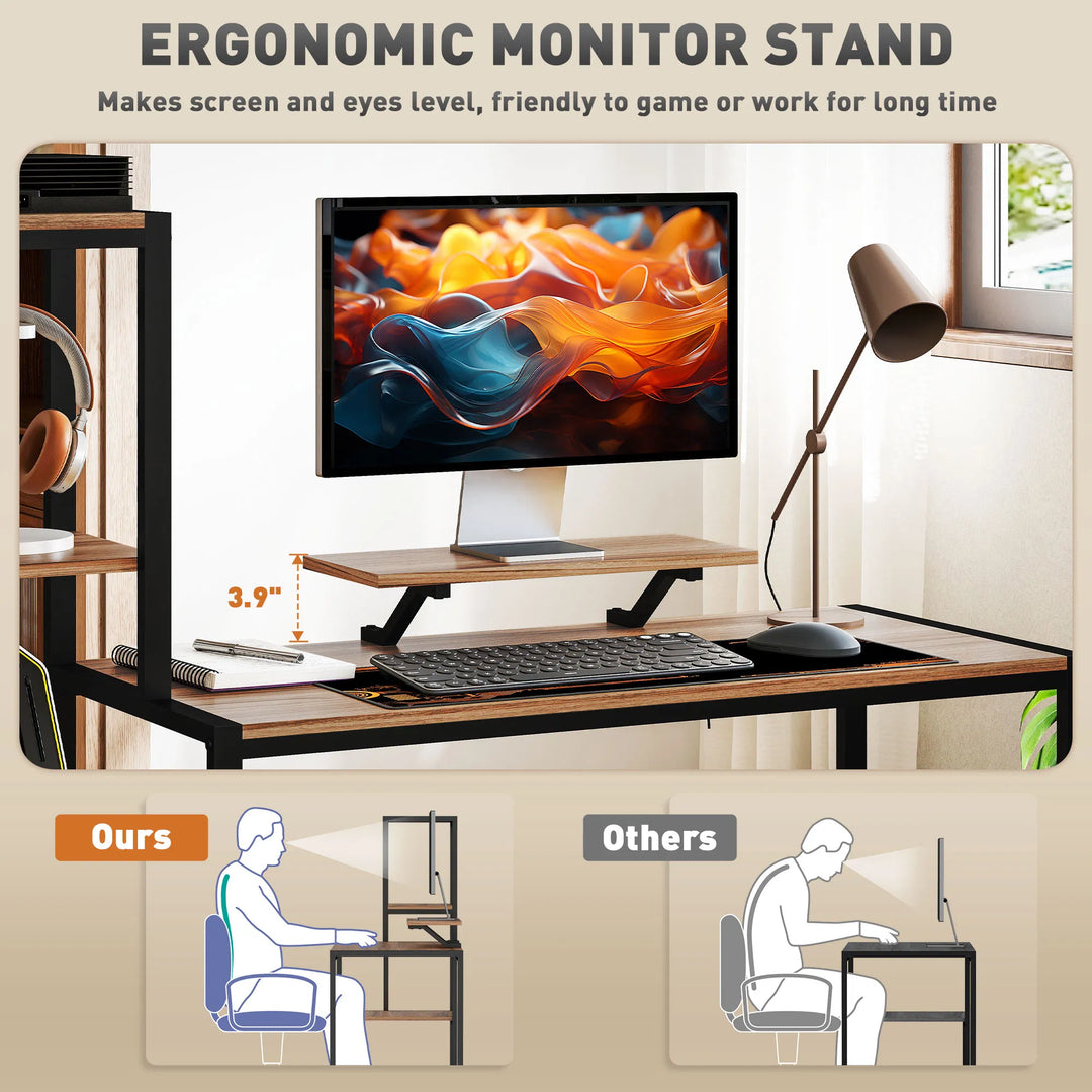 HOMCOM Computer Desk, 59" CPU Desk with Monitor Stand, Reversible 4-Tier Shelf, Industrial Writing Desk for Study Room, Brown