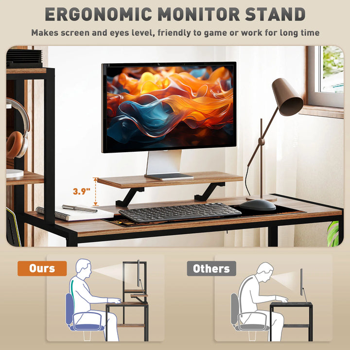 HOMCOM Computer Desk, 59" CPU Desk with Monitor Stand, Reversible 4-Tier Shelf, Industrial Writing Desk for Study Room, Brown