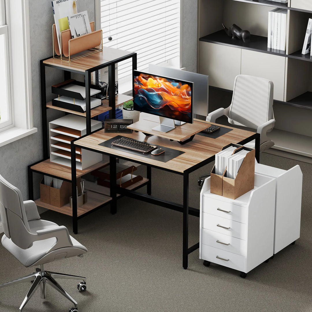 HOMCOM Computer Desk, 59" CPU Desk with Monitor Stand, Reversible 4-Tier Shelf, Industrial Writing Desk for Study Room, Brown