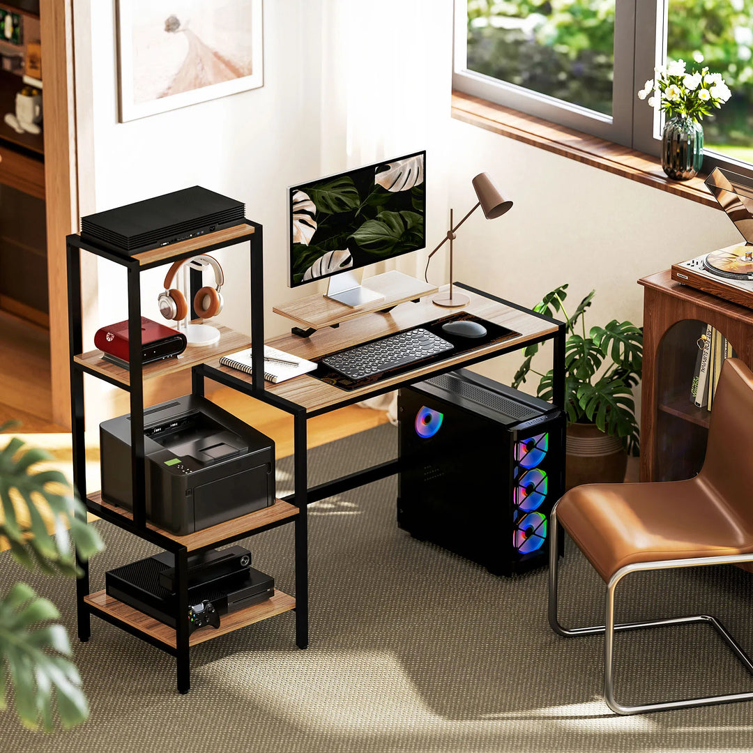 HOMCOM Computer Desk, 59" CPU Desk with Monitor Stand, Reversible 4-Tier Shelf, Industrial Writing Desk for Study Room, Brown