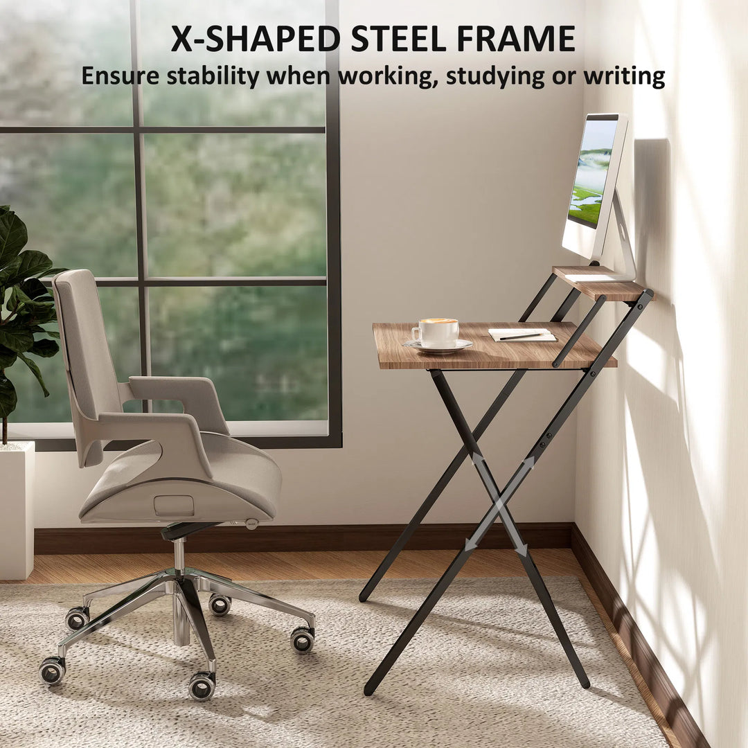 HOMCOM Folding Computer Desk, 27.6" Foldable Desk with Monitor Shelf for Small Space, Home Office, Study, Easy Assembly, Walnut