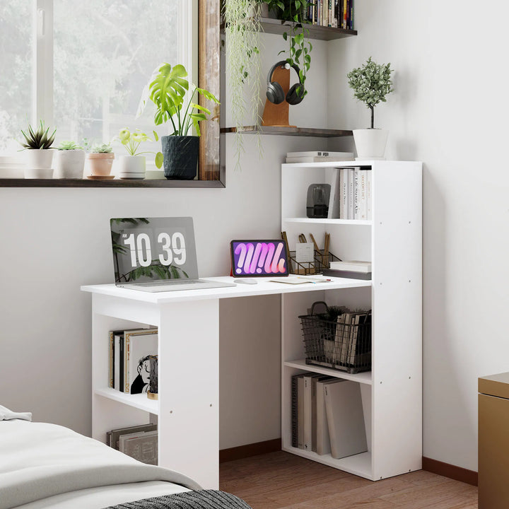 HOMCOM Modern Small Computer Desk with 6-Tier Storage Shelves Combo, Multipurpose Industrial Wood Desk Workstation for Home Office, White