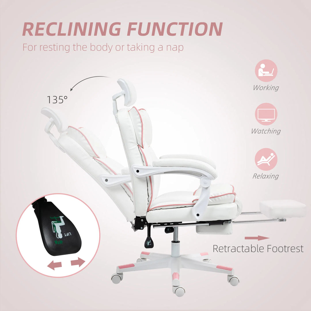 HOMCOM PU Leather Office Chair, Executive Desk Chair with Headrest, Foot Rest, Swivel Wheels, Reclining Computer Chair, White