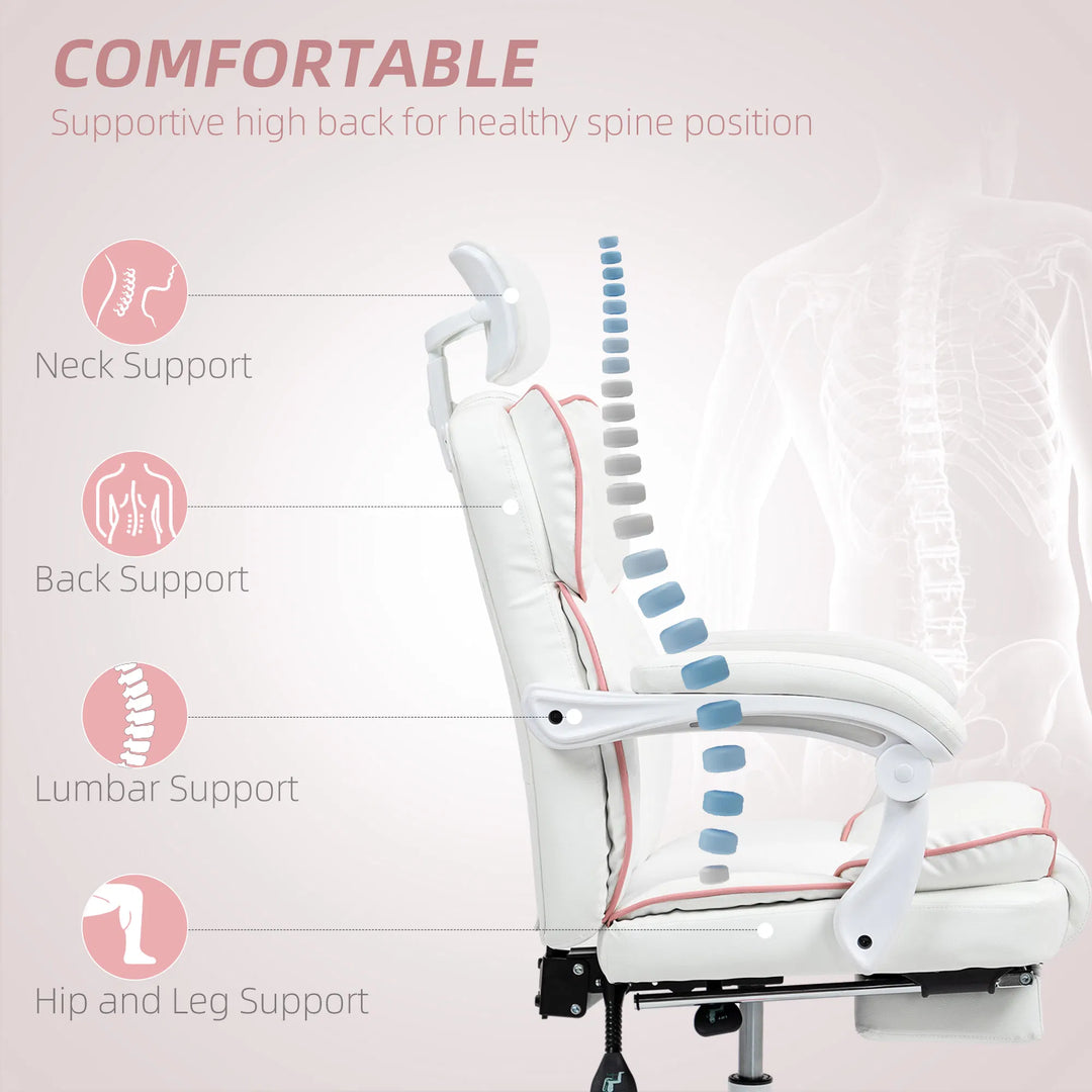 HOMCOM PU Leather Office Chair, Executive Desk Chair with Headrest, Foot Rest, Swivel Wheels, Reclining Computer Chair, White