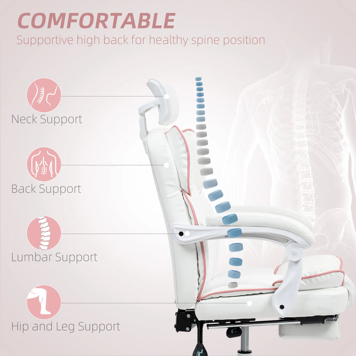 HOMCOM PU Leather Office Chair, Executive Desk Chair with Headrest, Foot Rest, Swivel Wheels, Reclining Computer Chair, White