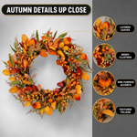 Three steps for shaping an artificial fall wreath: spread the branches, adjust the foliage and display