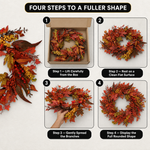 Three steps for shaping an artificial fall wreath: spread the branches, adjust the foliage and display