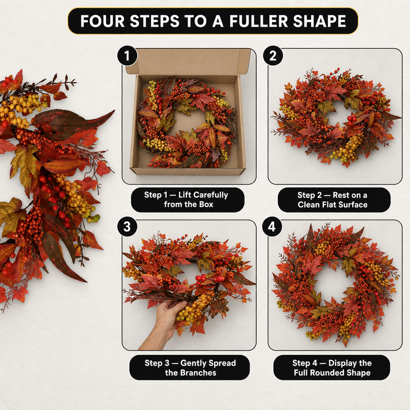 Three steps for shaping an artificial fall wreath: spread the branches, adjust the foliage and display