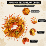 Three steps for shaping an artificial fall wreath: spread the branches, adjust the foliage and display