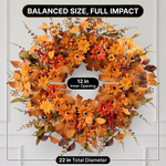 Three steps for shaping an artificial fall wreath: spread the branches, adjust the foliage and display