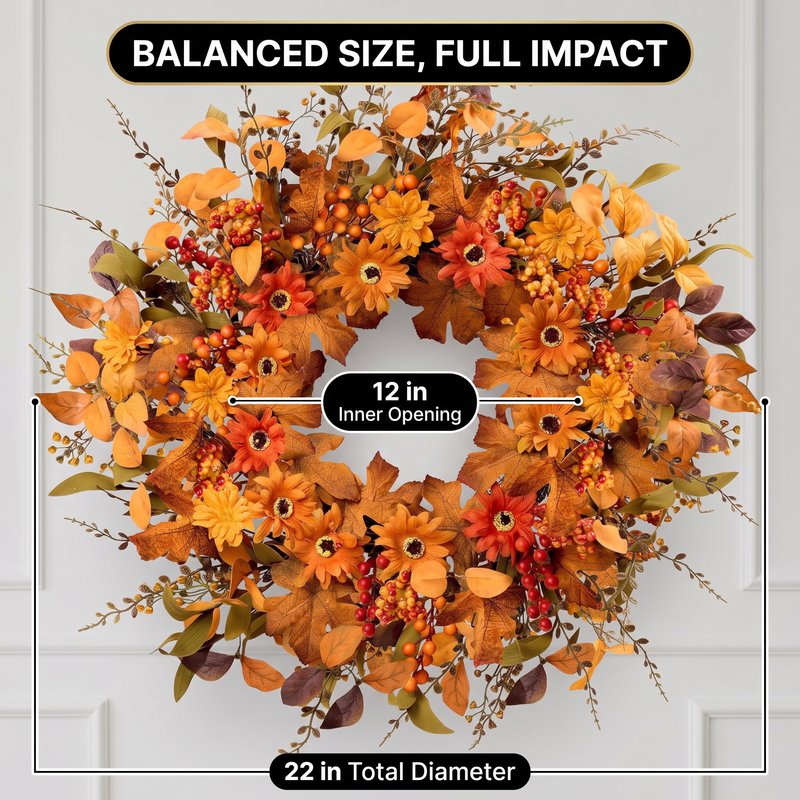 Three steps for shaping an artificial fall wreath: spread the branches, adjust the foliage and display
