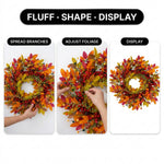 Three steps for shaping an artificial fall wreath: spread the branches, adjust the foliage and display