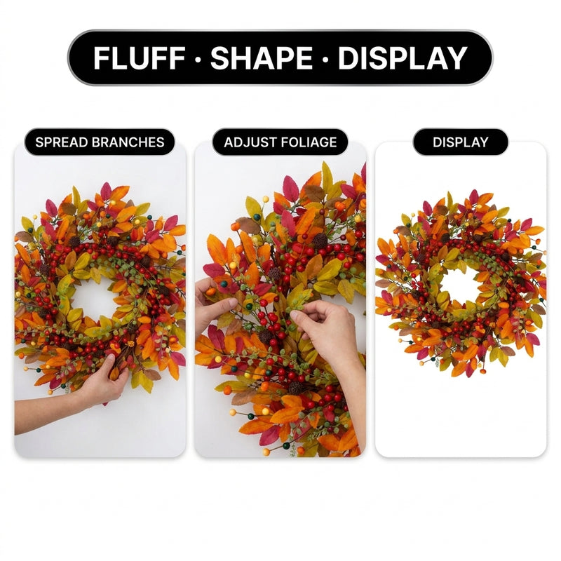 Three steps for shaping an artificial fall wreath: spread the branches, adjust the foliage and display