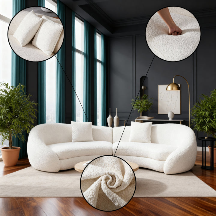 Modern Curved Sofa with Elegant Love Heart Design- Plush Beige Fleece Fabric Couch for Living Room (125.98" W x 62.2" D x 29.92" H)