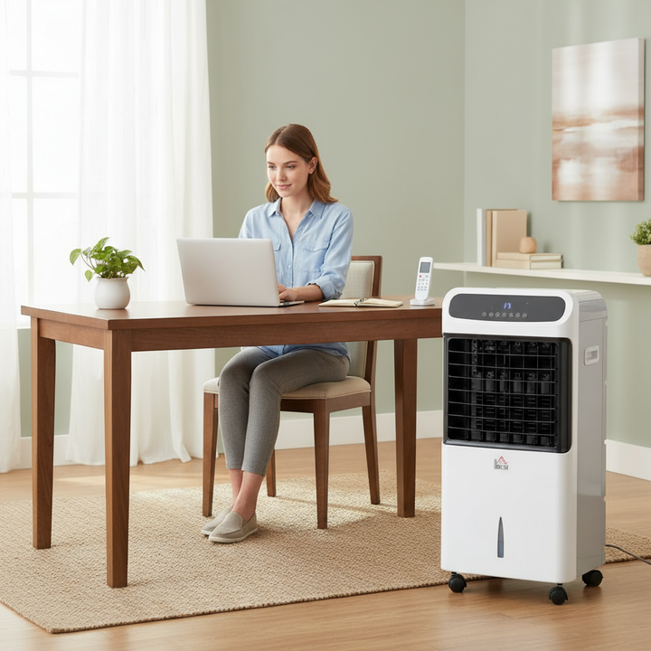 HOMCOM 32" Portable Air Cooler, 3-In-1 Evaporative Cooling, Ice Fan, Water Conditioner, Humidifier, Remote, LED