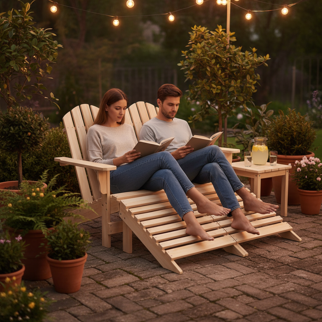 2-Seater Patio Adirondack Chair with Ottoman – Solid Fir Wood | Double Outdoor Lounger Set | Trufairs