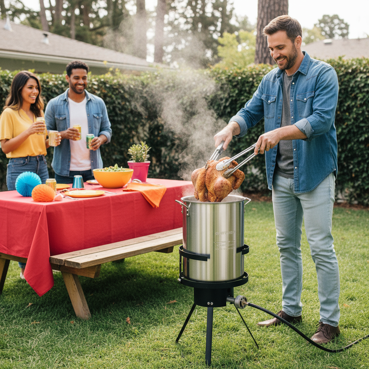 30QT Propane Turkey Fryer Set Silver Aluminum Pot with Black Round Iron Stand Outdoor Gas Deep Fryer Kit for Frying Turkey Seafood and Boiling Crawfish Backyard Cooking Equipment